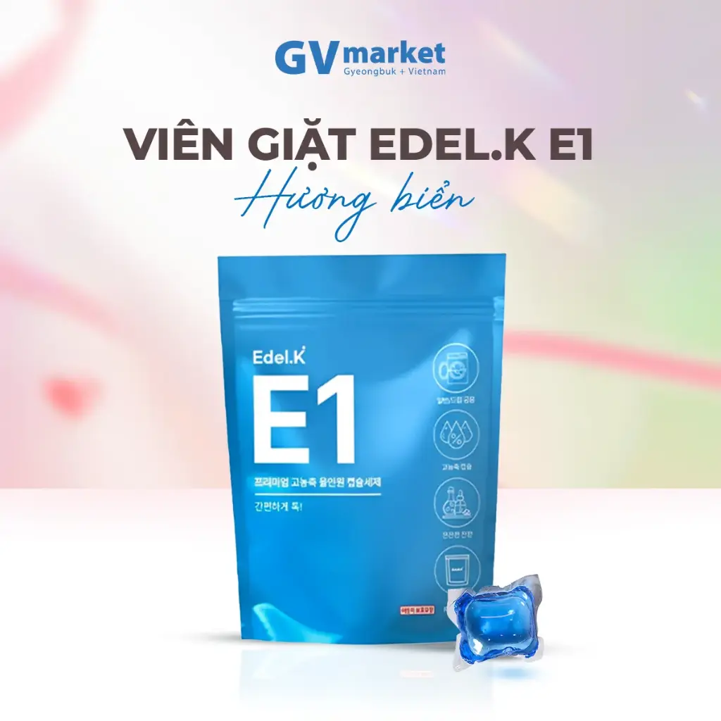 Viên Giặt Cô Đặc Edel.K E1 Hàn Quốc Hương Biển, Công Nghệ 7 Enzyme Sạch Sâu Bảo Vệ Màu và Sợi Vải 8g x 26 viên